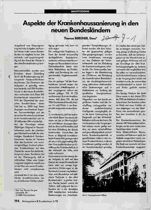 Vorschauseite 1: Aspekte der Krankenhaussanierung in den neuen Bundesländern