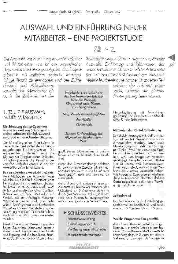 Vorschauseite 1: Auswahl und Einführung neuer Mitarbeiter - eine Projektstudie