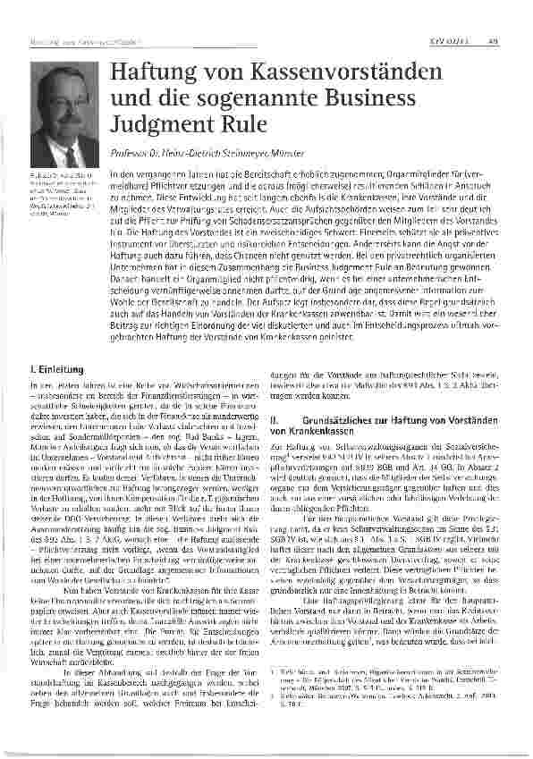 Vorschauseite 1: Haftung von Kassenvorständen und die sogenannte Business Judgment Rule