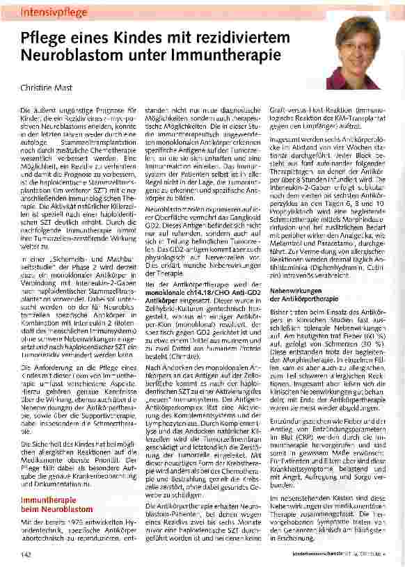 Vorschauseite 1: Pflege eines Kindes mit rezidiviertem Neuroblastom unter Immuntherapie