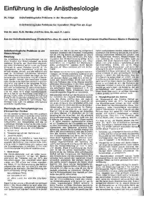 Vorschauseite 1: Einführung in die Anästhesiologie 34. Folge: Anästhesiologische Probleme in der Neurochirurgie