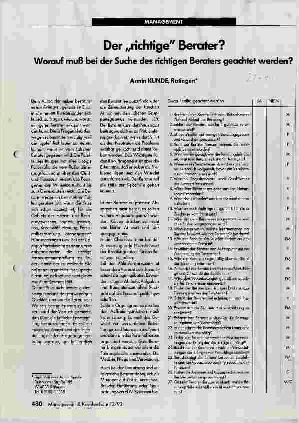 Vorschauseite 1: Der richtige Berater? Worauf muß bei der Suche des richtigen Beraters geachtet werden?