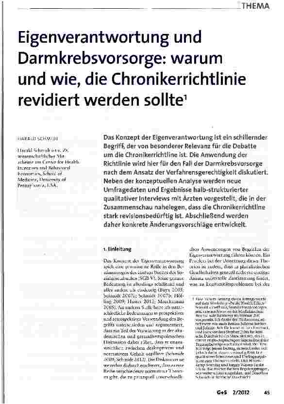 Vorschauseite 1: Eigenverantwortung und Darmkrebsvorsorge: warum und wie, die Chronikerrichtlinie revidiert werden sollte1