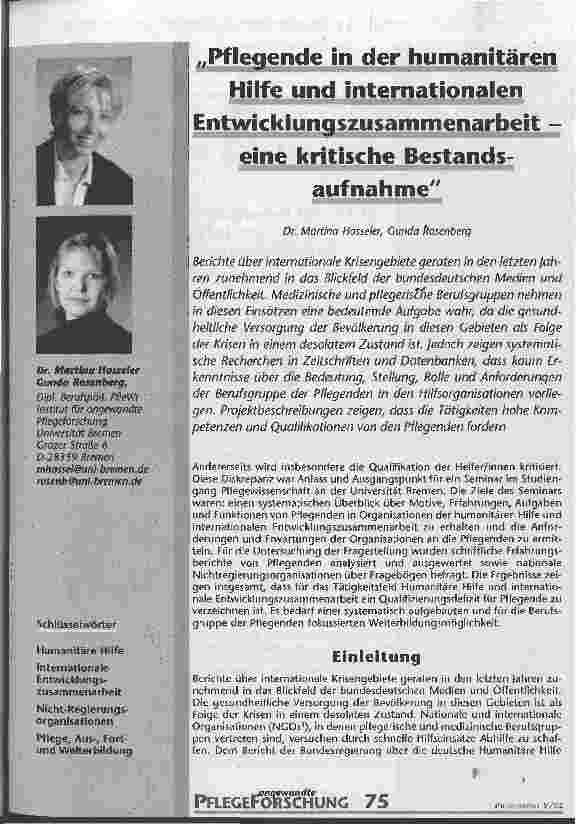 Vorschauseite 1: Pflegende in der humanitären Hilfe und internationalen Entwicklungszusammenarbeit - eine kritische Bestandsaufnahme