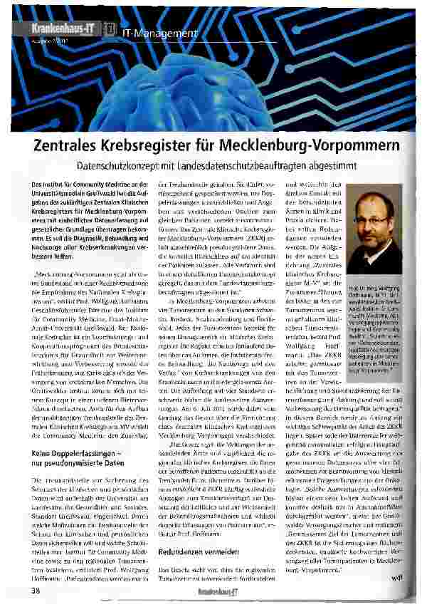 Vorschauseite 1: Zentrales Krebsregister für Mecklenburg-Vorpommern Datenschutzkonzept mit Landesdatenschutzbeauftragten abgestimmt