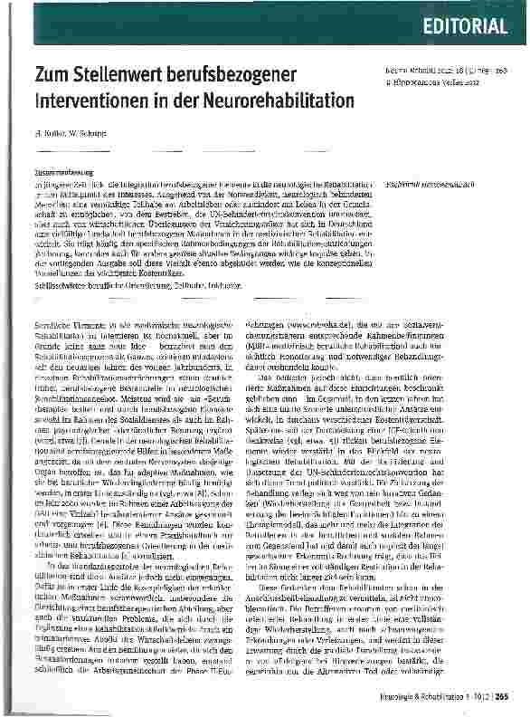 Vorschauseite 1: Zum Stellenwert berufsbezogener Interventionen in der Neurorehabilitation