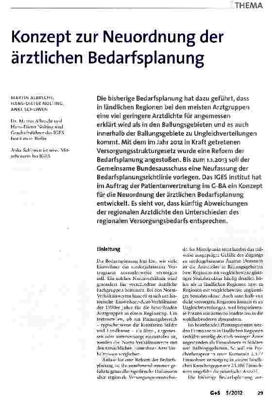Vorschauseite 1: Konzept zur Neuordnung der ärztlichen Bedarfsplanung