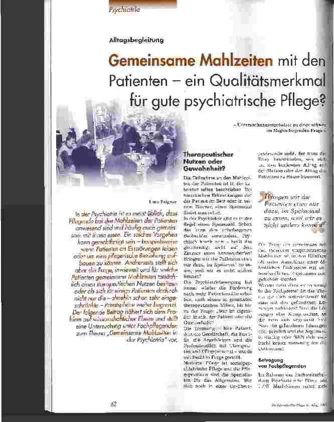 Vorschauseite 1: Gemeinsame Mahlzeiten mit den Patienten - ein Qualitätsmerkmal für gute psychiatrische Pflege?