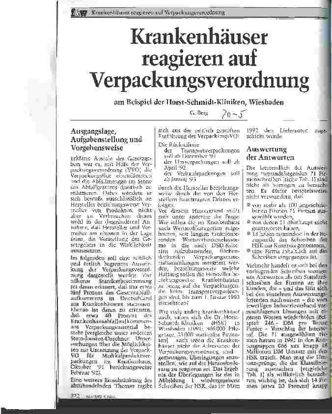 Vorschauseite 1: Krankenhäuser reagieren auf Verpackungsverordnungen am Beispiel der Horst-Schmidt-Kliniken,Wiesbaden