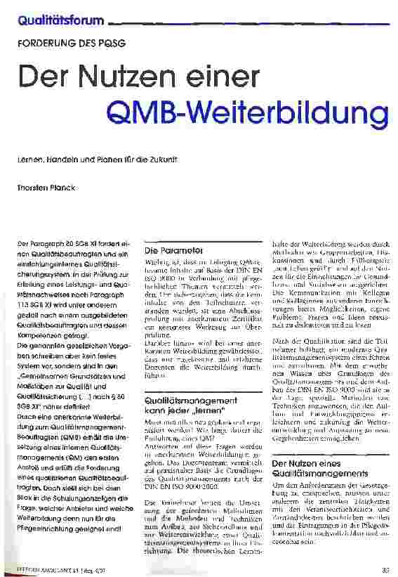 Vorschauseite 1: Der Nutzen einer QMB-Weiterbildung Lernen, Handeln und Planen für die Zukunft