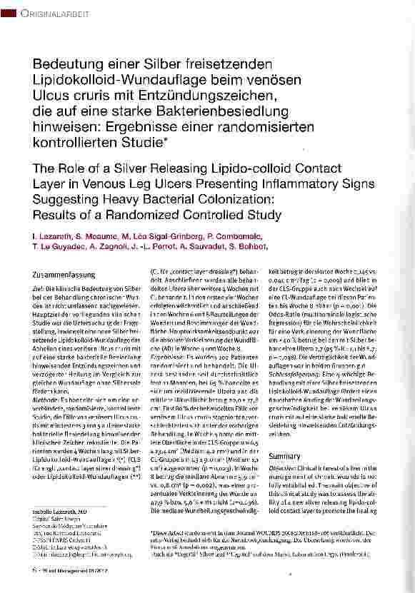 Vorschauseite 1: Bedeutung einer Silber freisetzenden Lipidokolloid-Wundauflage beim venösen Ulcus cruris mit Entzündungszeichen, die auf eine starke Bakterienbesiedlung hinweisen: Ergebnisse eine…