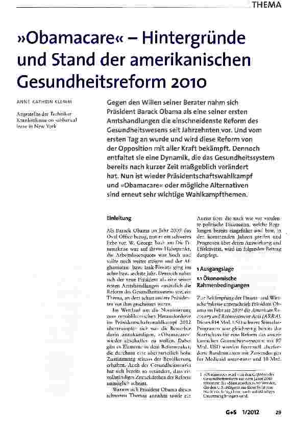Vorschauseite 1: »Obamacare« - Hintergründe und Stand der amerikanischen Gesundheitsreform 2010