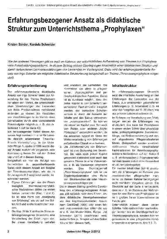 Vorschauseite 1: Erfahrungsbezogener Ansatz als didaktische Struktur zum Unterrichtsthema „Prophylaxen
