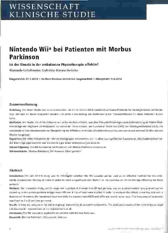 Vorschauseite 1: Nintendo Wii bei Patienten mit Morbus Parkinson