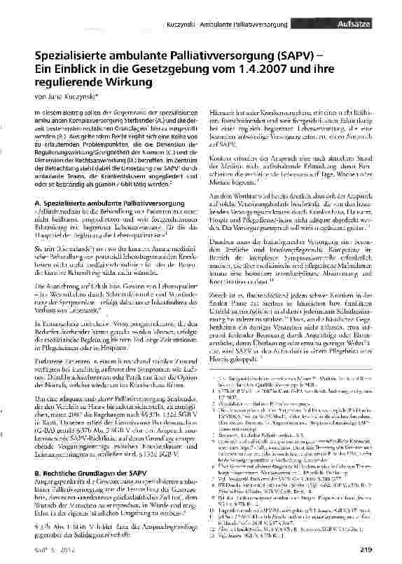 Vorschauseite 1: Spezialisierte ambulante Palliativversorgung (SAPV) -Ein Einblick in die Gesetzgebung vom 1.4.2007 und ihre regulierende Wirkung