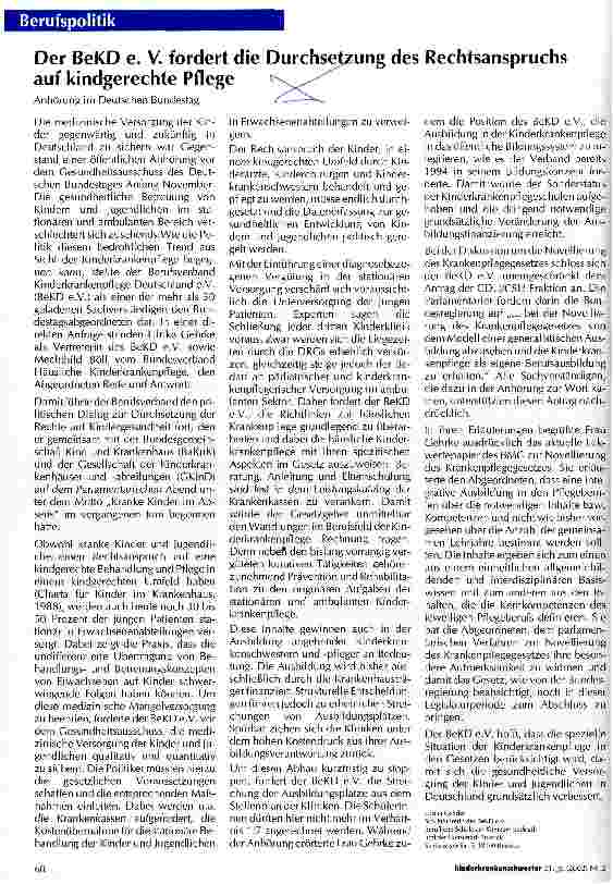Vorschauseite 1: Der BeKD e. V. fordert die Durchsetzung des Rechtsanspruchs auf kindgerechte Pflege