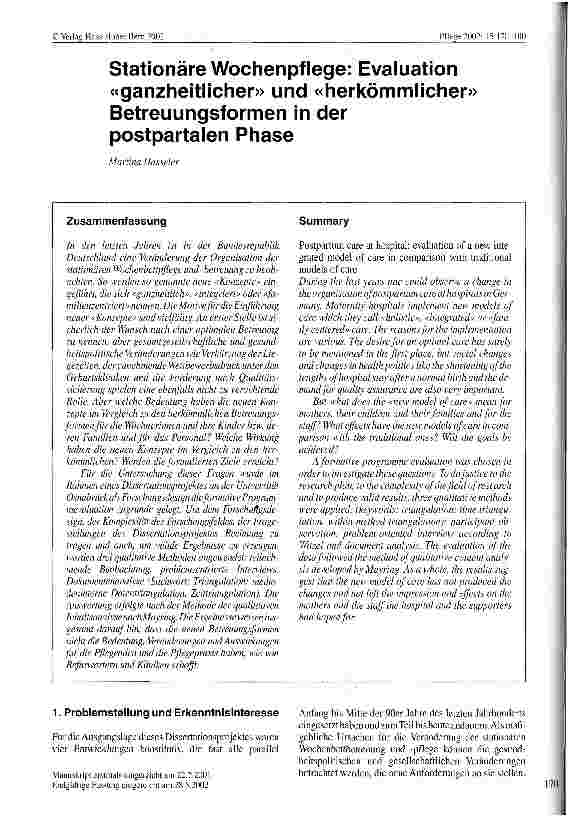 Vorschauseite 1: Stationäre Wochenpflege:Evaluation ganzheitlicher und herkömmlicher Betreuungsformen in der postpartalen Phase