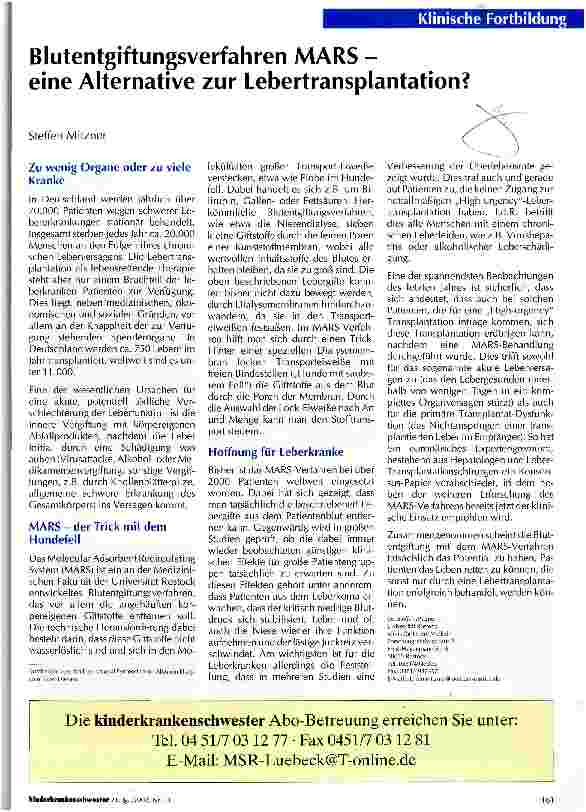 Vorschauseite 1: Blutentgiftungsverfahren MARS - eine Alternative zur Lebertransplantation?