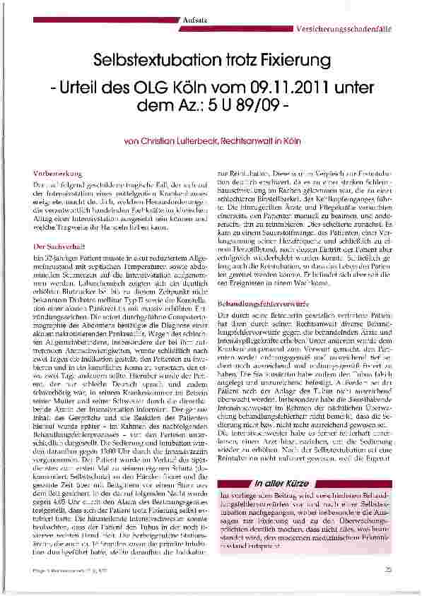 Vorschauseite 1: Selbstextubation trotz Fixierung Urteil des OLG Köln vom 09.11.2011 unter dem Az.: 5 U 89/09-