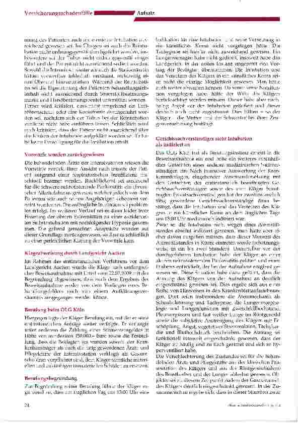 Vorschauseite 2: Selbstextubation trotz Fixierung Urteil des OLG Köln vom 09.11.2011 unter dem Az.: 5 U 89/09-