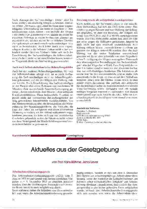 Vorschauseite 4: Selbstextubation trotz Fixierung Urteil des OLG Köln vom 09.11.2011 unter dem Az.: 5 U 89/09-