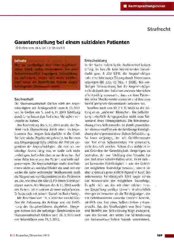 Vorschauseite 1: Garantenstellung bei einem suizidalen Patienten