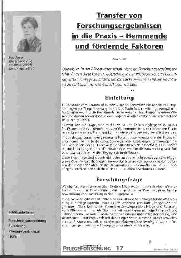 Vorschauseite 1: Transfer von Forschungsergebnissen in die Praxis - Hemmende und fördernde Faktoren