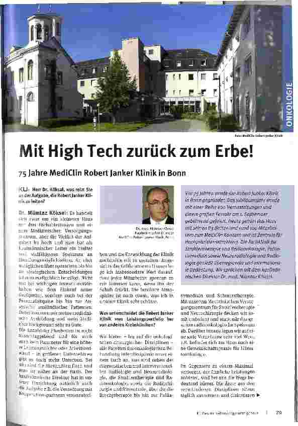 Vorschauseite 1: Mit High Tech zurück zum Erbe!75 Jahre MediCIin Robert Janker Klinik in Bonn