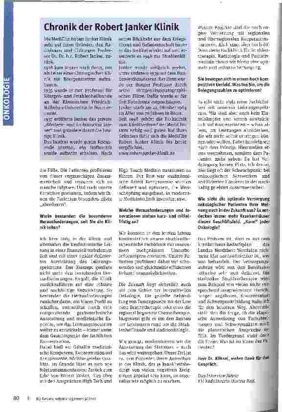 Vorschauseite 2: Mit High Tech zurück zum Erbe!75 Jahre MediCIin Robert Janker Klinik in Bonn