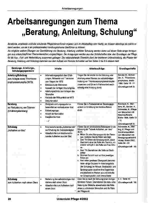 Vorschauseite 1: ArbeitsanregungenArbeitsanregungen zum Thema „Beratung, Anleitung, Schulung
