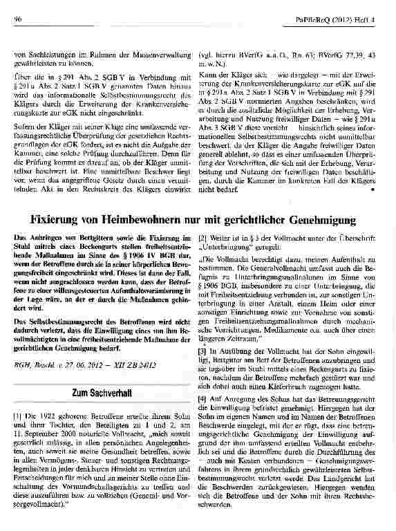 Vorschauseite 1: Fixierung von Heimbewohnern nur mit gerichtlicher Genehmigung