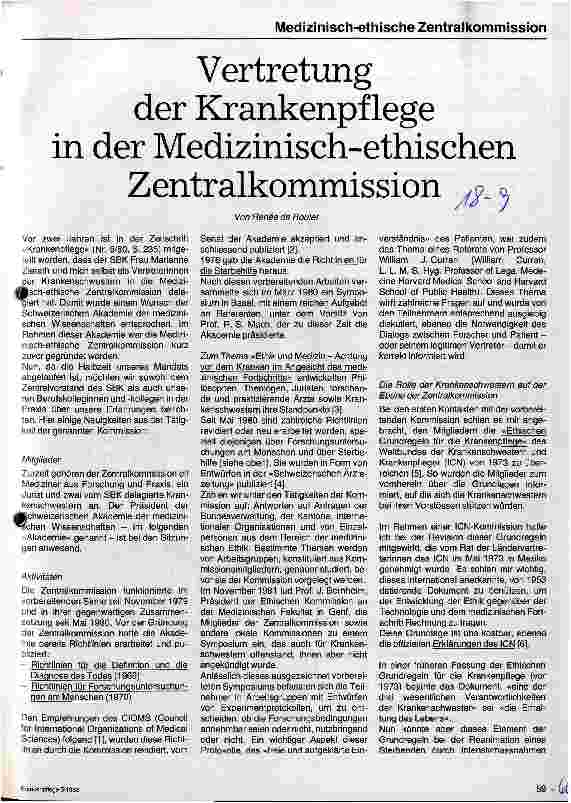 Vorschauseite 1: Vertretung der Krankenpflege in der Medizinisch-ethischen Zentralkommision