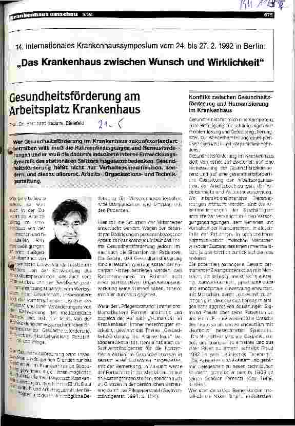 Vorschauseite 1: Gesundheitsförderung am Arbeitsplatz Krankenhaus 14. internationales Krankenhaussymposium 1992:das Krankenhaus zwischen Wunsch u.Wirklichk.