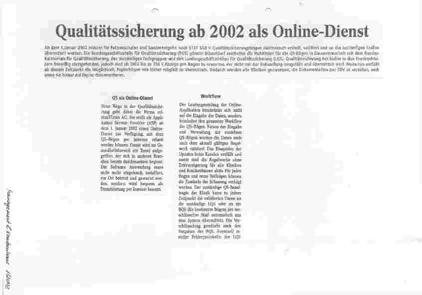 Vorschauseite 1: Qualitätssicherung ab 2002 als Online-Dienst
