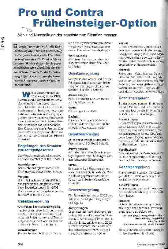 Vorschauseite 1: Pro und Contra Früheinsteiger-Option Vorund Nachteile an der hausinternen Situation messen
