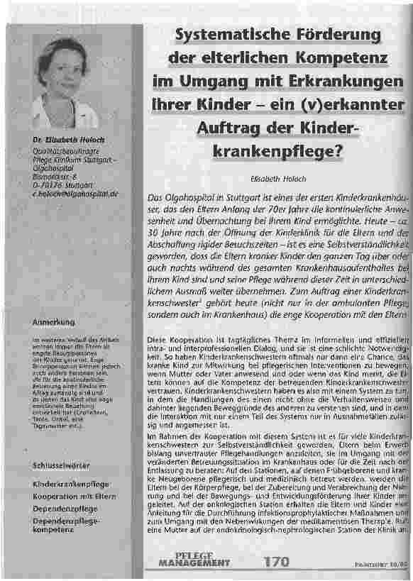 Vorschauseite 1: Systematische Förderung der elterlichen Kompetenz im Umgang mit Erkrankungen ihrer Kinder - ein (v)erkannter Auftrag der Kinderkrankenpflege?