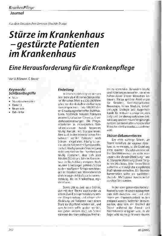 Vorschauseite 1: Stürze im Krankenhaus - gestürzte Patienten im Krankenhaus Eine Herausforderung für die Krankenpflege