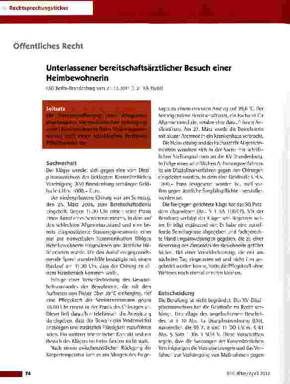 Vorschauseite 1: Unterlassener bereitschaftsärztlicher Besuch einer Heimbewohnerin