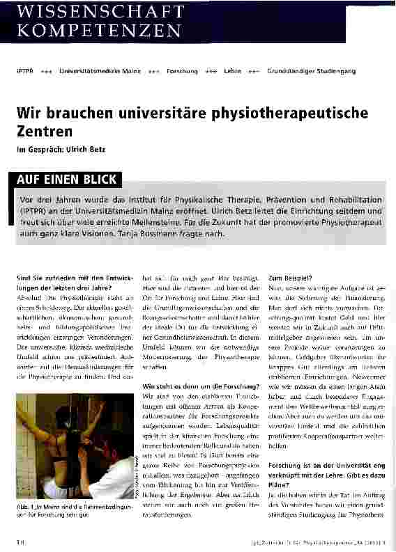 Vorschauseite 1: Wir brauchen universitäre physiotherapeutische Zentren