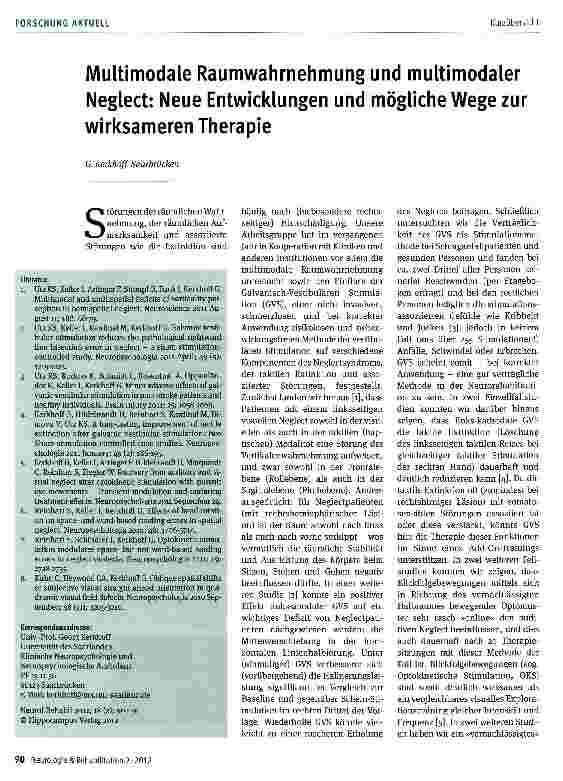 Vorschauseite 1: Multimodale Raumwahrnehmung und multimodaler Neglect: Neue Entwicklungen und mögliche Wege zur wirksameren Therapie
