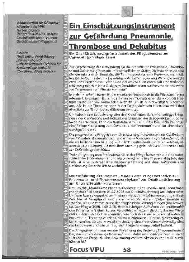 Vorschauseite 1: Ein Einschätzungsinstrument zur Gefährdung Pneumonie, Thrombose und Dekubitus Ein Qualitätssichrungsinstrument des Pflegedienstes am Universitätsklinikum Essen