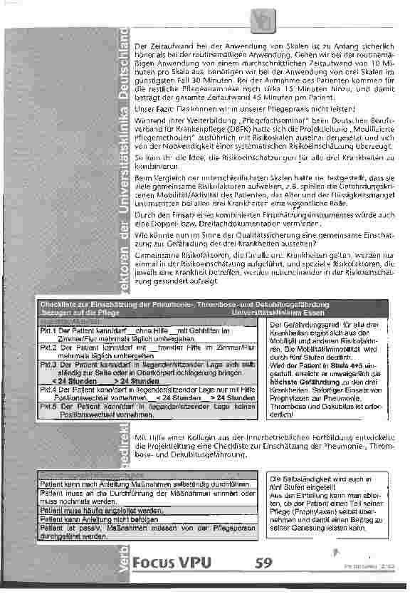Vorschauseite 2: Ein Einschätzungsinstrument zur Gefährdung Pneumonie, Thrombose und Dekubitus Ein Qualitätssichrungsinstrument des Pflegedienstes am Universitätsklinikum Essen