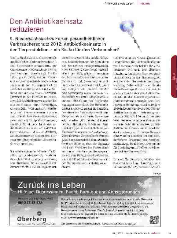 Vorschauseite 1: Den Antibiotikaeinsatz reduzieren 5. Niedersächsisches Forum gesundheitlicher Verbraucherschutz 2012: Antibiotikaeinsatz in der Tierproduktion - ein Risiko für den Verbraucher?