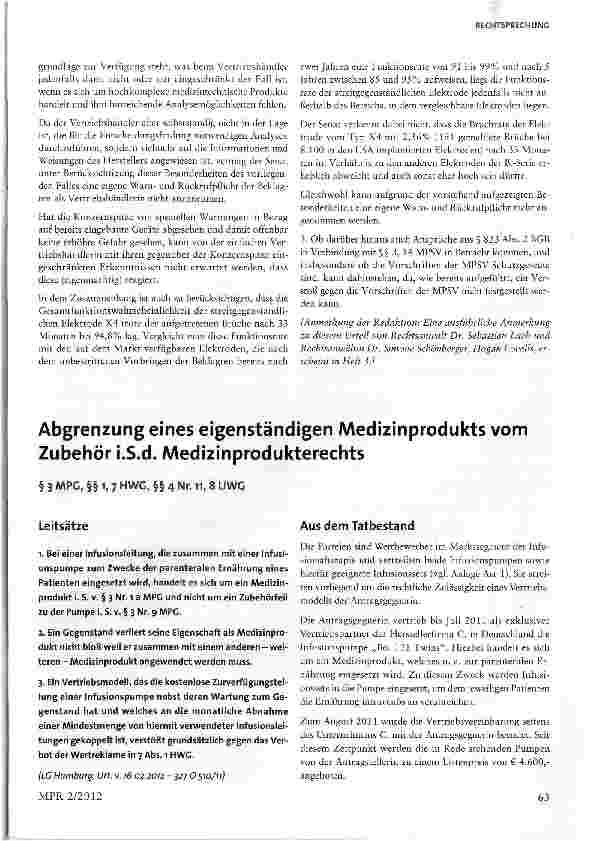 Vorschauseite 1: Abgrenzung eines eigenständigen Medizinprodukts vom Zubehör i.S.d. Medizinprodukterechts§ 3 MPG, §§ i, 7 HWG, §§ 4 Nr. 11, 8 UWG