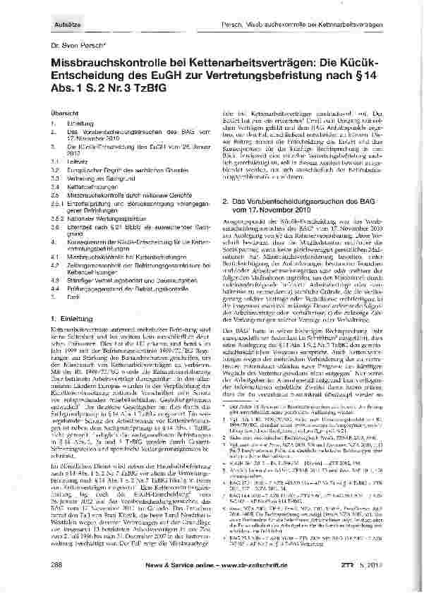 Vorschauseite 1: Missbrauchskontrolle bei Kettenarbeitsverträgen: Die Kücük-Entscheidung des EuGH zur Vertretungsbefristung nach §14 Abs-1 S.2Nr.3TzBfG