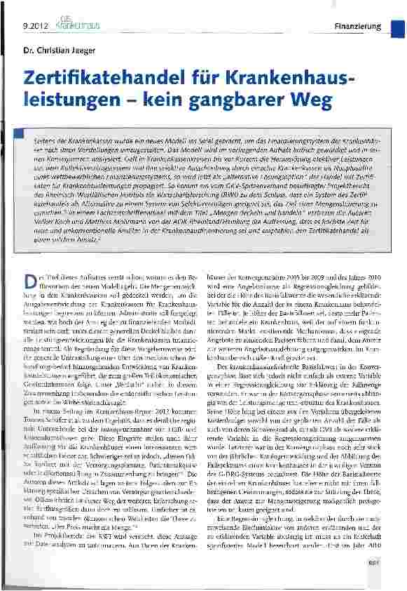 Vorschauseite 1: Zertifikatehandel für Krankenhaus Leistungen - kein gangbarer Weg