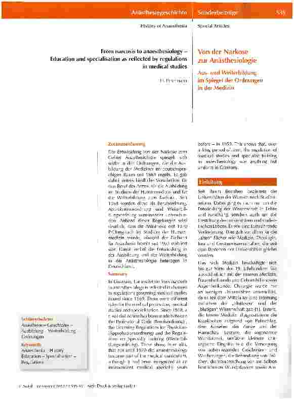 Vorschauseite 1: Von der Narkose zur Anästhesiologie
