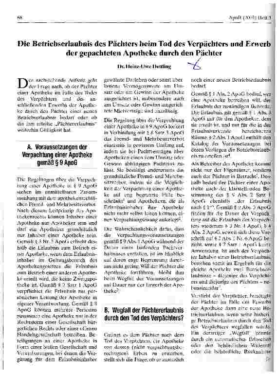 Vorschauseite 1: Die Betriebserlaubnis des Pächters beim Tod des Verpächters und Erwerb der gepachteten Apotheke durch den Pächter