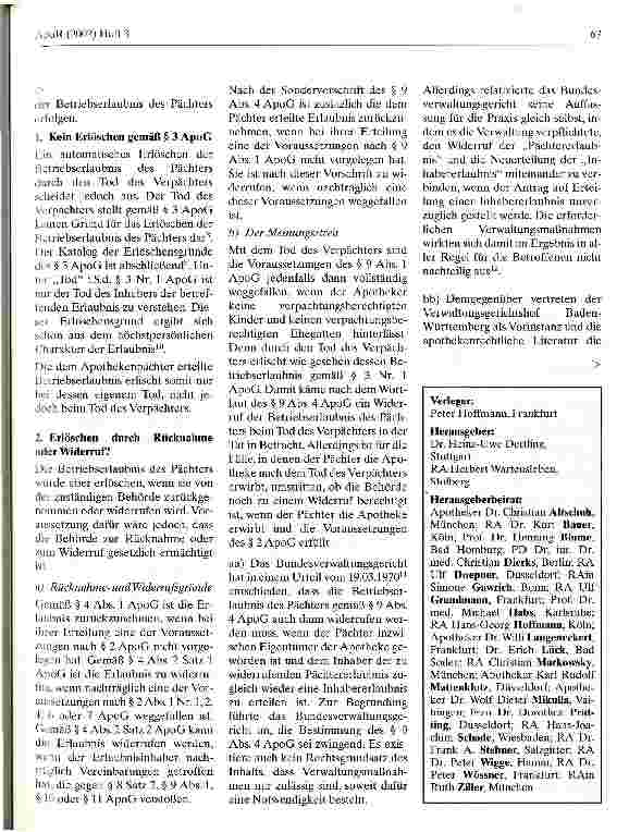 Vorschauseite 2: Die Betriebserlaubnis des Pächters beim Tod des Verpächters und Erwerb der gepachteten Apotheke durch den Pächter