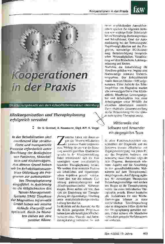 Vorschauseite 1: Kooperationen in der Praxis - Klinikorganisation und Therapieplanung erfolgreich verzahnt Ein Erfahrungsbericht aus dem Rehabilitationszentrum Oldenburg